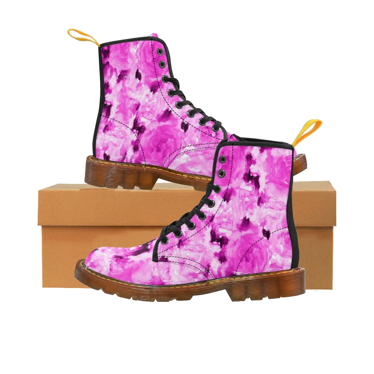 Hot Pink Floral Women's Boots, Rose Premium Designer Winter Lace-up Toe Cap Boots For Ladies