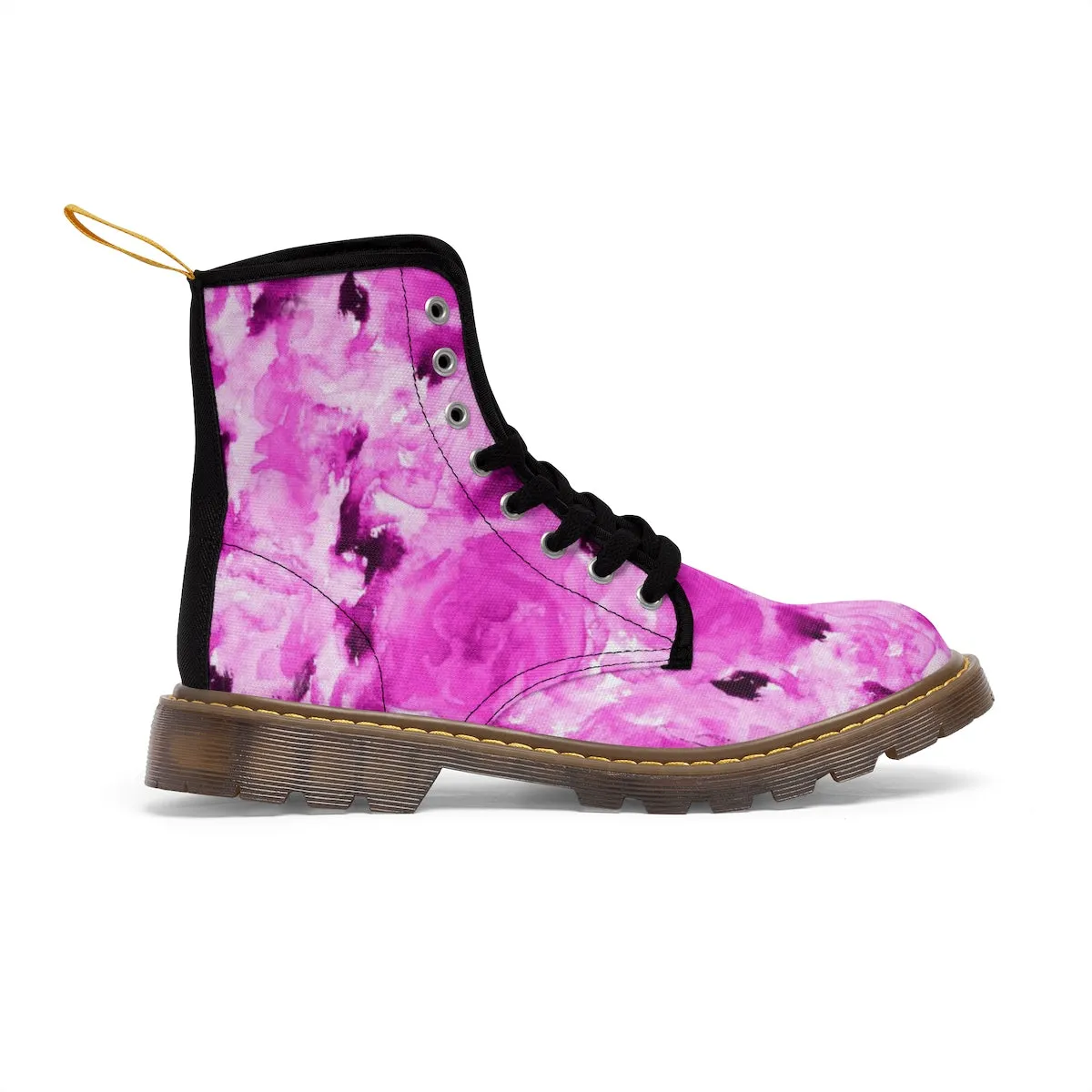 Hot Pink Floral Women's Boots, Rose Premium Designer Winter Lace-up Toe Cap Boots For Ladies