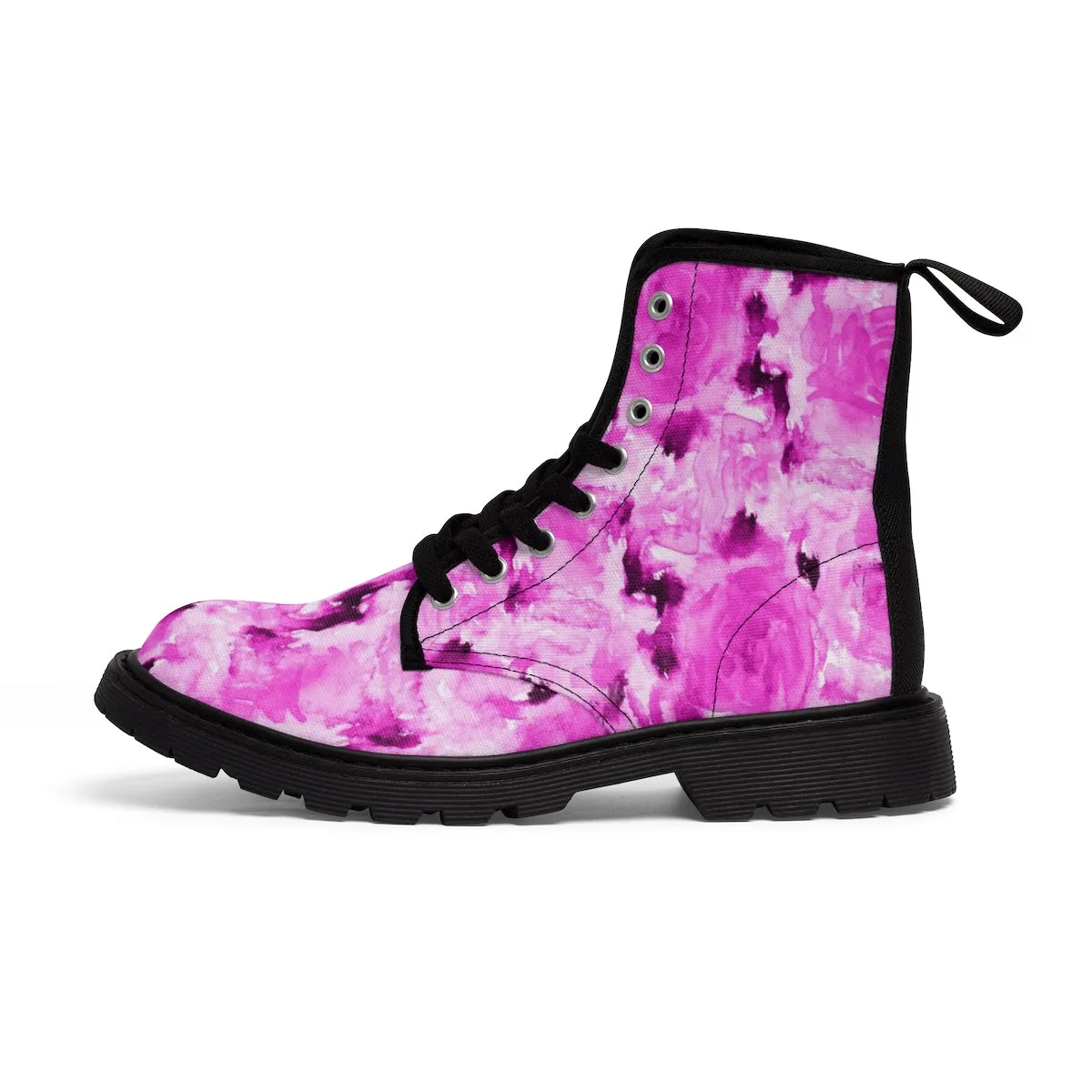 Hot Pink Floral Women's Boots, Rose Premium Designer Winter Lace-up Toe Cap Boots For Ladies