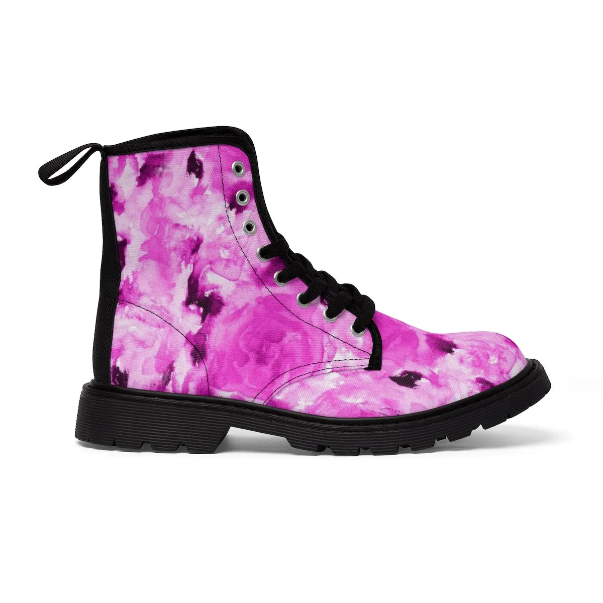 Hot Pink Floral Women's Boots, Rose Premium Designer Winter Lace-up Toe Cap Boots For Ladies