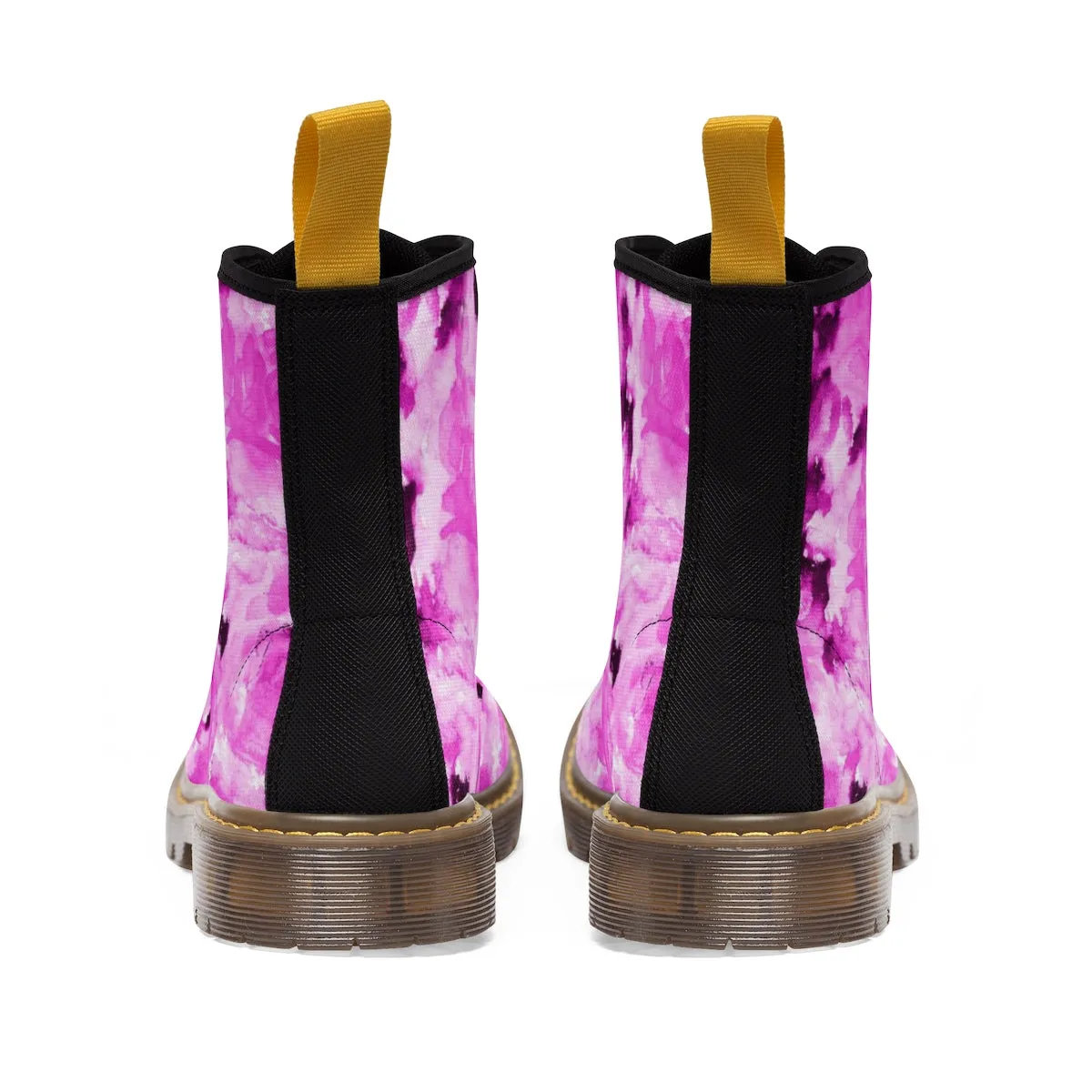 Hot Pink Floral Women's Boots, Rose Premium Designer Winter Lace-up Toe Cap Boots For Ladies