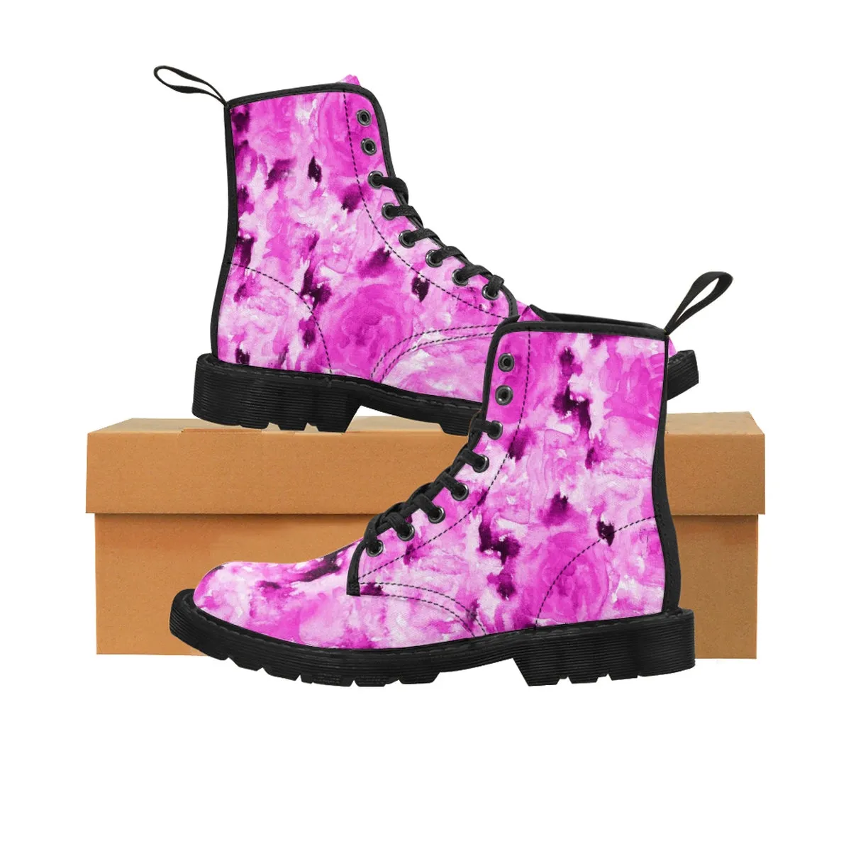 Hot Pink Floral Women's Boots, Rose Premium Designer Winter Lace-up Toe Cap Boots For Ladies