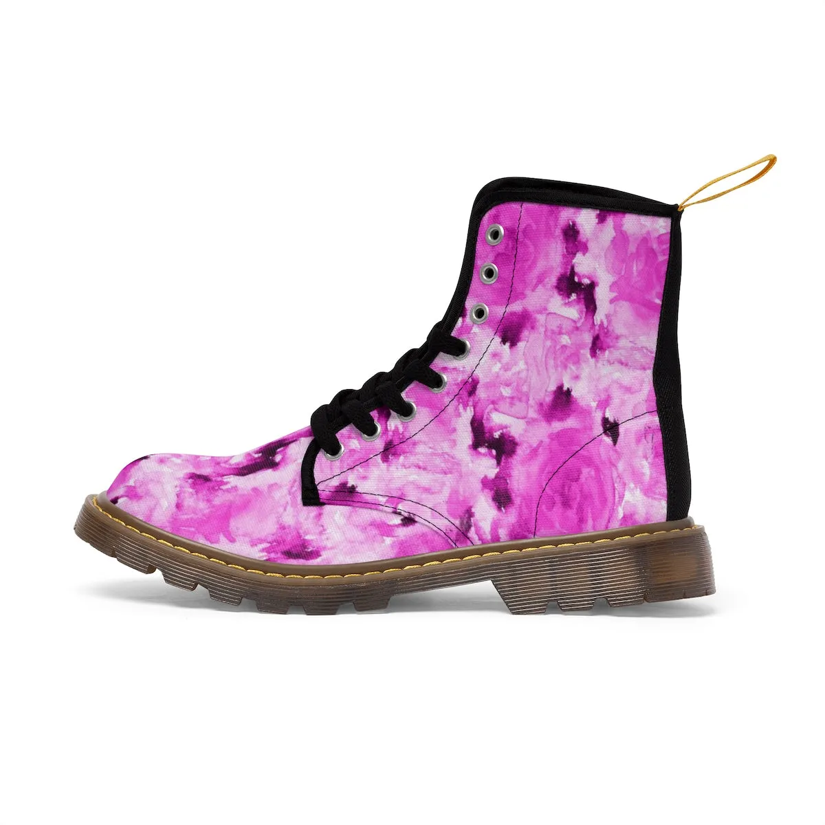 Hot Pink Floral Women's Boots, Rose Premium Designer Winter Lace-up Toe Cap Boots For Ladies