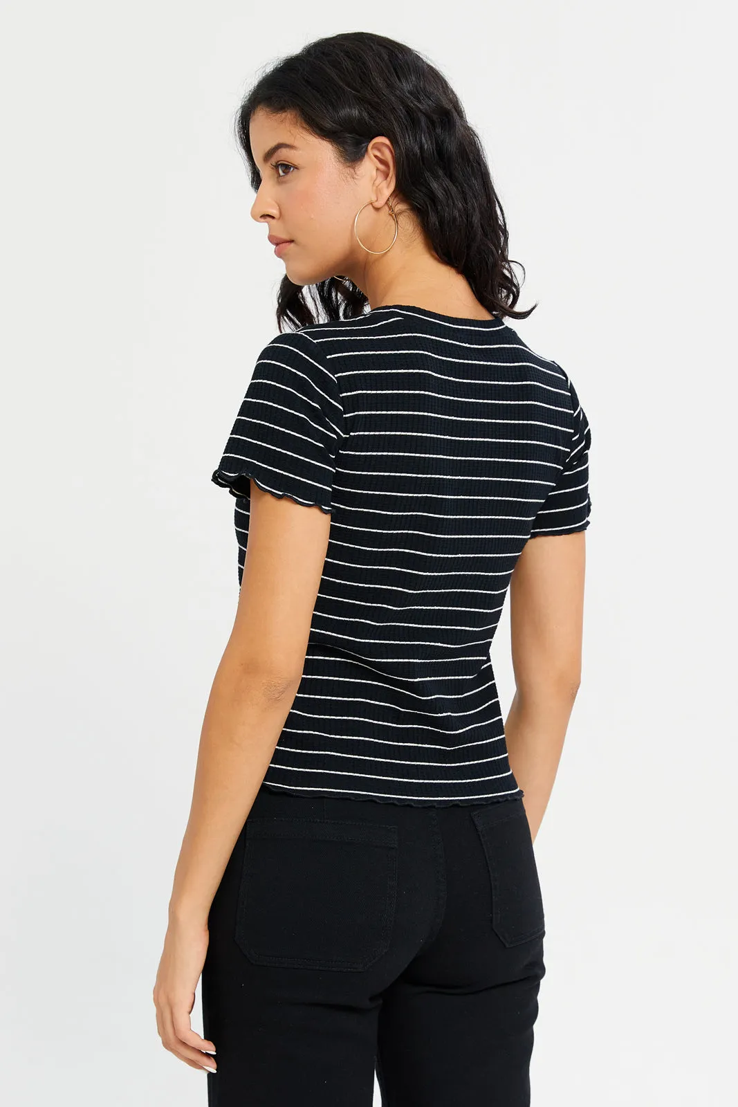 Women Black Stripe Rib T-Shirt