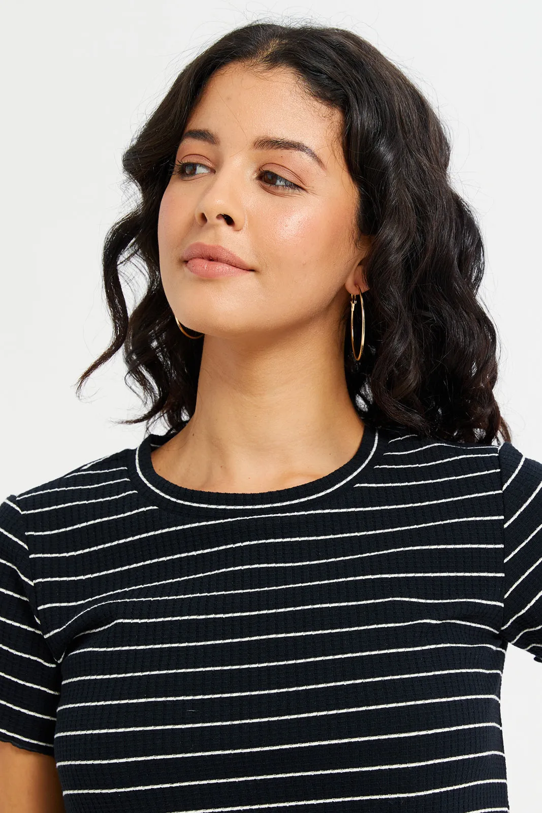 Women Black Stripe Rib T-Shirt