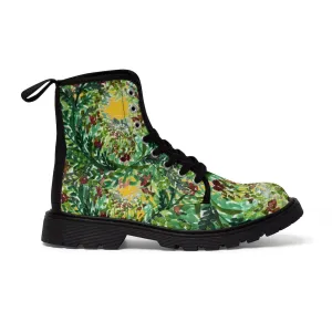 Yellow Green Floral Women's Boots, Cute Elegant Flower Printed Combat Hiking Boots For Ladies