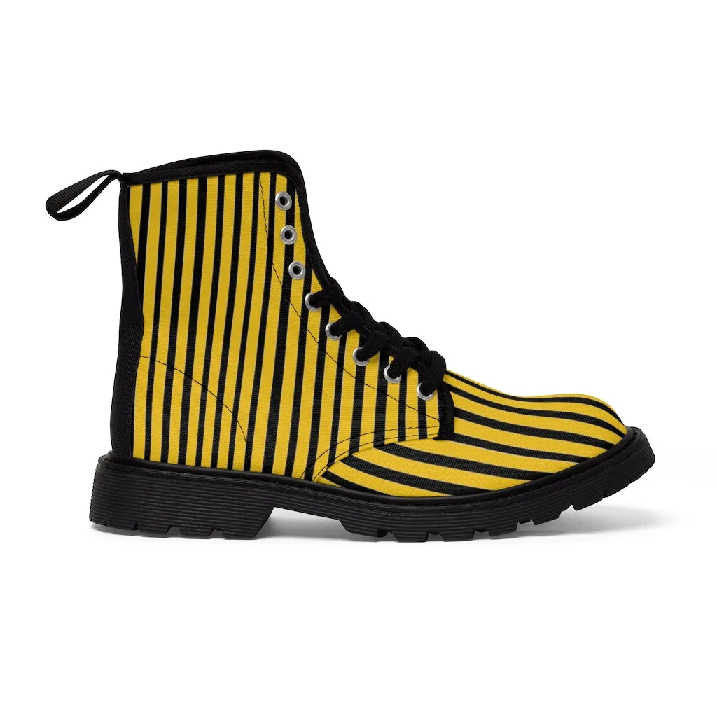 Yellow Striped Print Men's Boots, Black Stripes Best Hiking Winter Boots Laced Up Shoes For Men