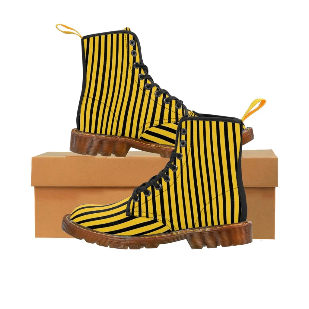 Yellow Striped Print Men's Boots, Black Stripes Best Hiking Winter Boots Laced Up Shoes For Men