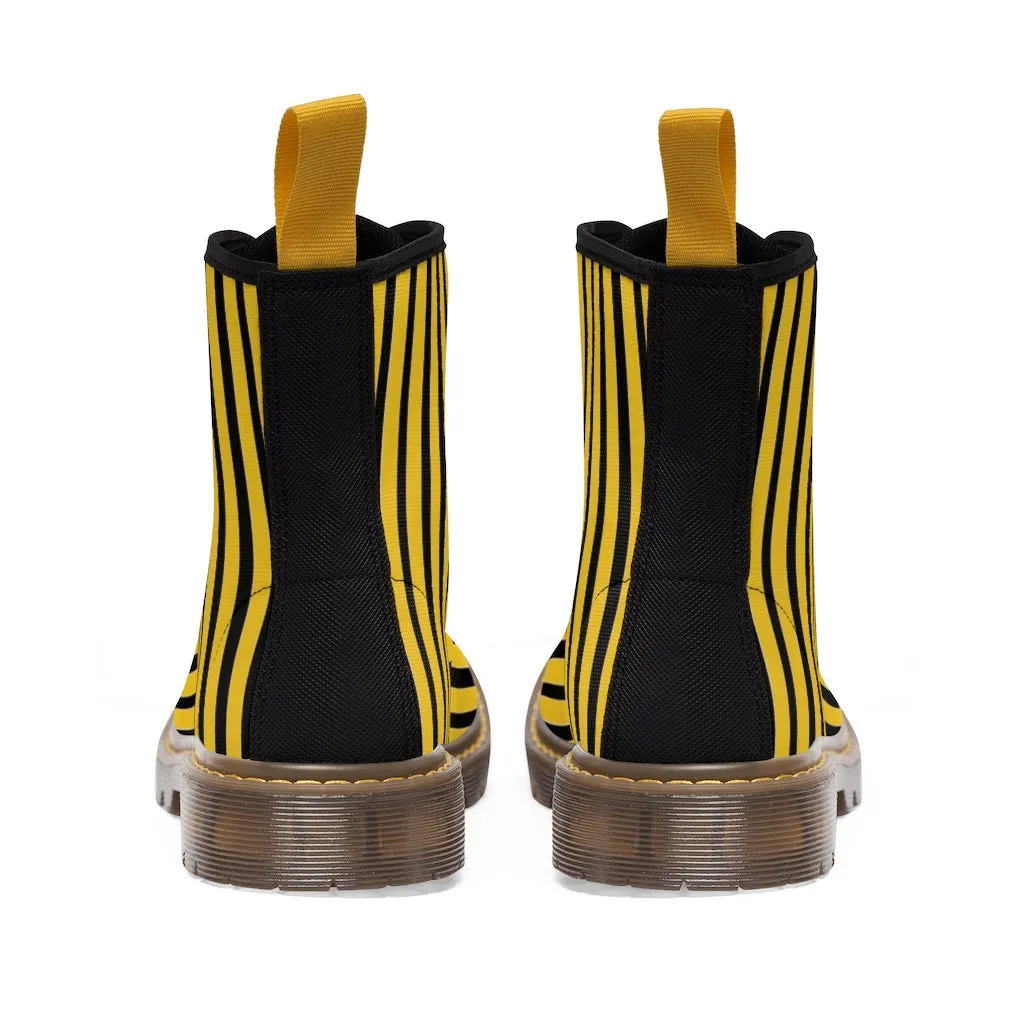 Yellow Striped Print Men's Boots, Black Stripes Best Hiking Winter Boots Laced Up Shoes For Men