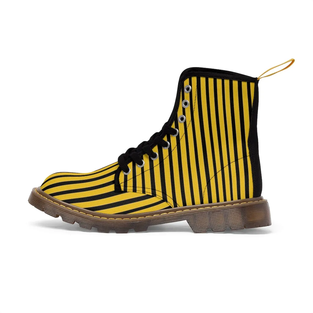 Yellow Striped Print Men's Boots, Black Stripes Best Hiking Winter Boots Laced Up Shoes For Men