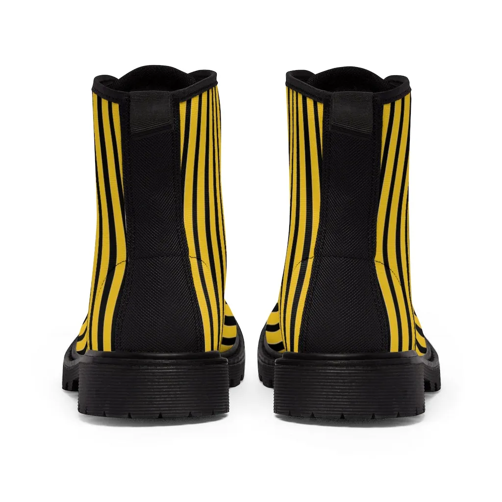 Yellow Striped Print Men's Boots, Black Stripes Best Hiking Winter Boots Laced Up Shoes For Men