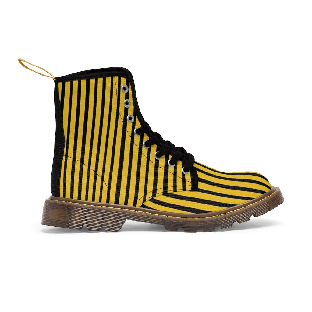 Yellow Striped Print Men's Boots, Black Stripes Best Hiking Winter Boots Laced Up Shoes For Men