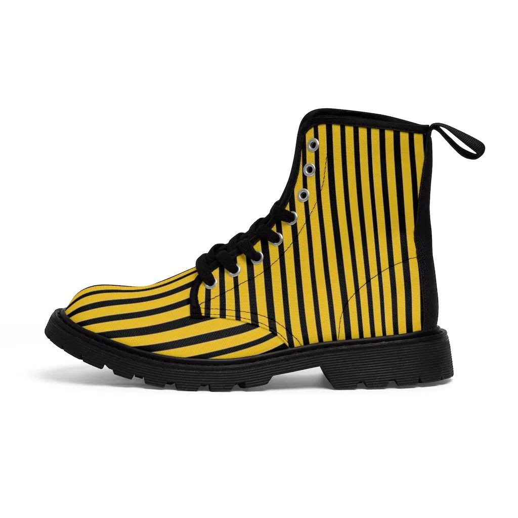 Yellow Striped Print Men's Boots, Black Stripes Best Hiking Winter Boots Laced Up Shoes For Men