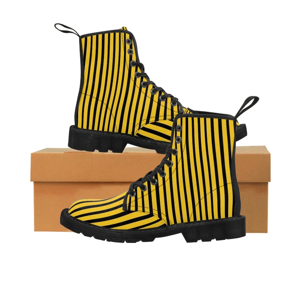 Yellow Striped Print Men's Boots, Black Stripes Best Hiking Winter Boots Laced Up Shoes For Men